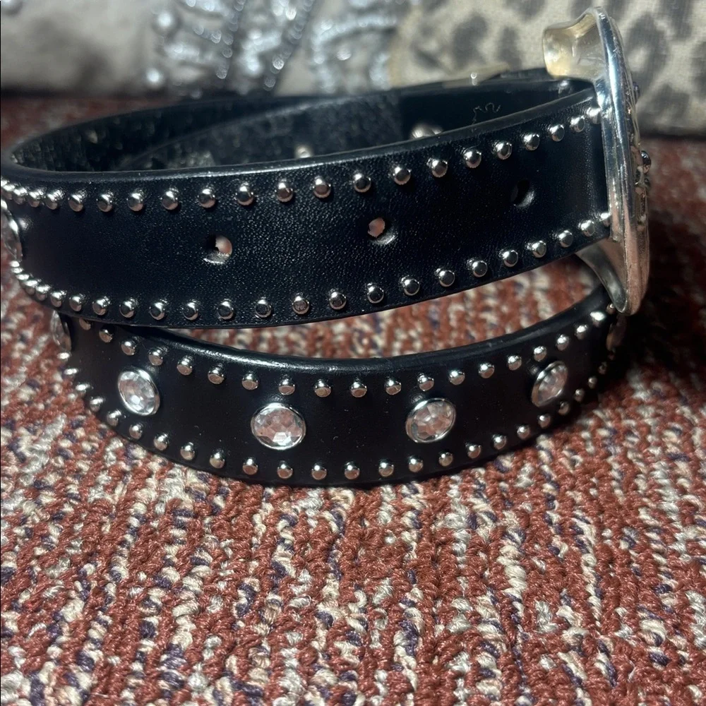 Vintage NOCONA belt Black Studded Leather Belt Silver Buckle rhinestone glamor